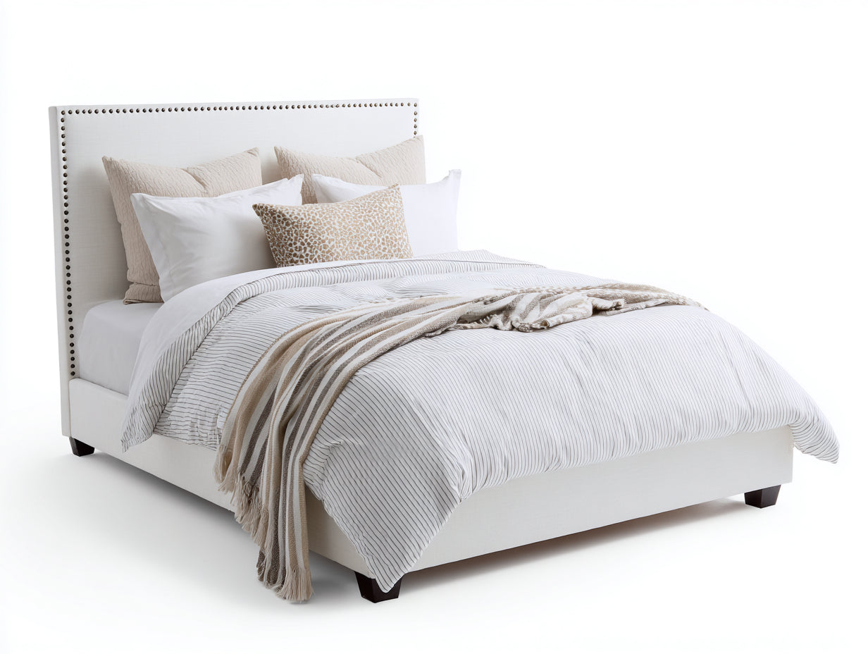 Lit double-Tissu-Bois-Mousse-Métal-218 x 178 x 126 cm-Blanc-Style classique