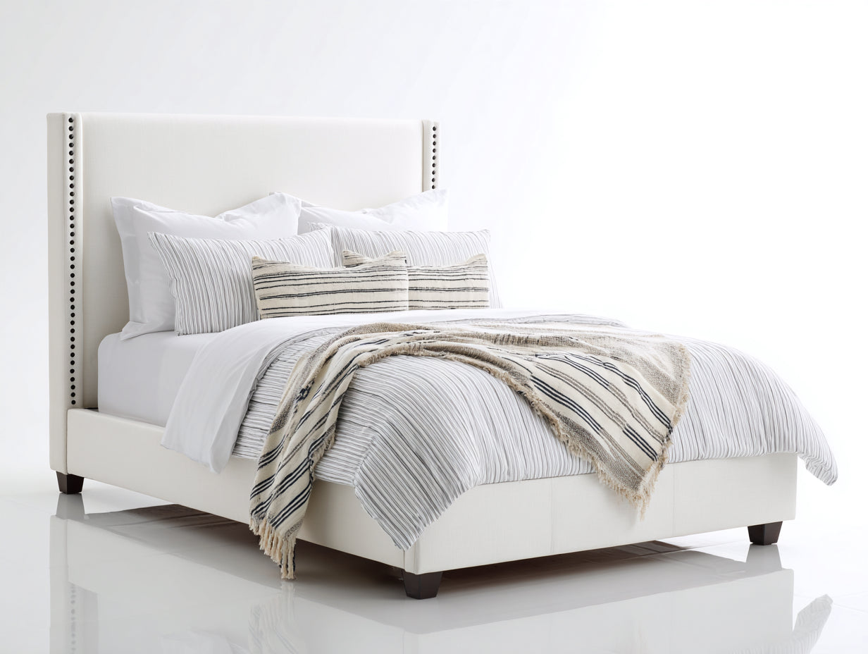 Lit double-Tissu-Bois-Mousse-Métal-217 x 177 x 128 cm-Blanc-Style classique
