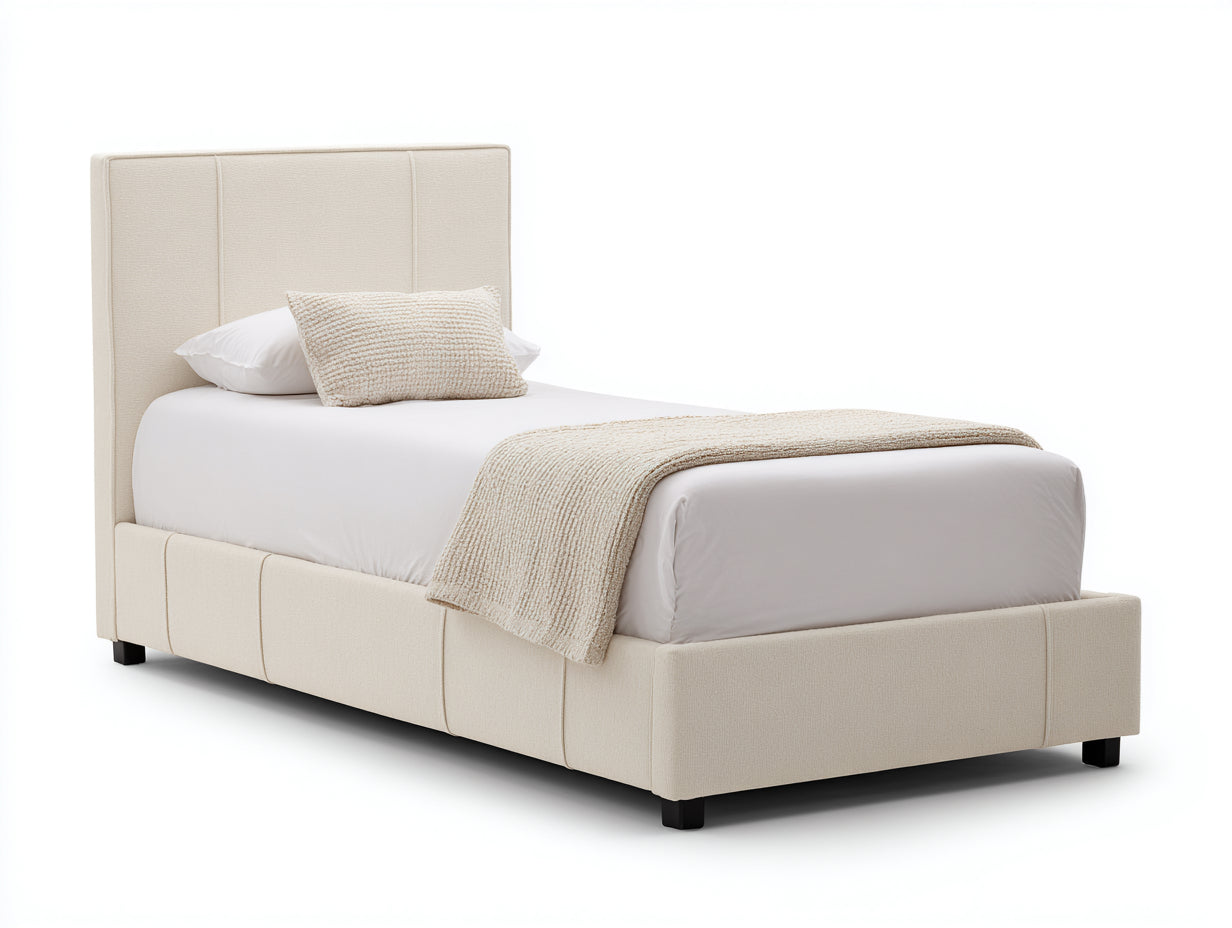 Lit simple-Tissu-Bois-205x99x113 cm-Beige-Noir-Style contemporain