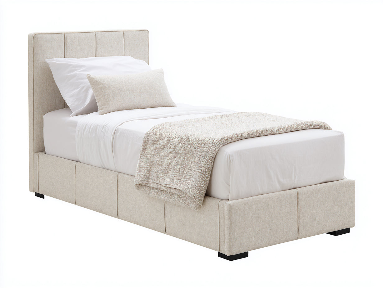 Lit simple-Tissu-Bois-205x99x112 cm-Beige-Noir-Style contemporain
