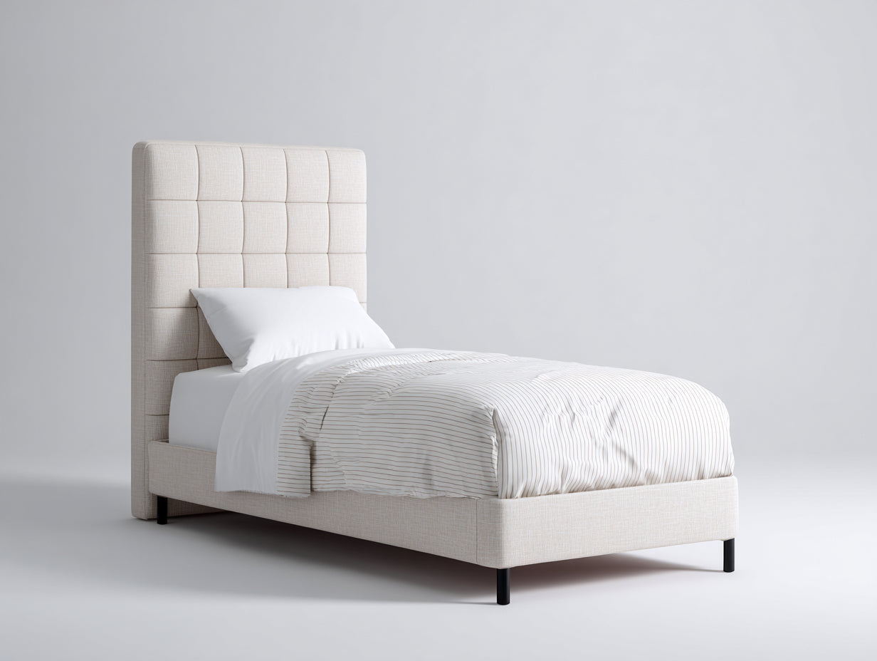 Lit simple-Tissu-Métal-205x98x118 cm-Beige-Noir-Style moderne