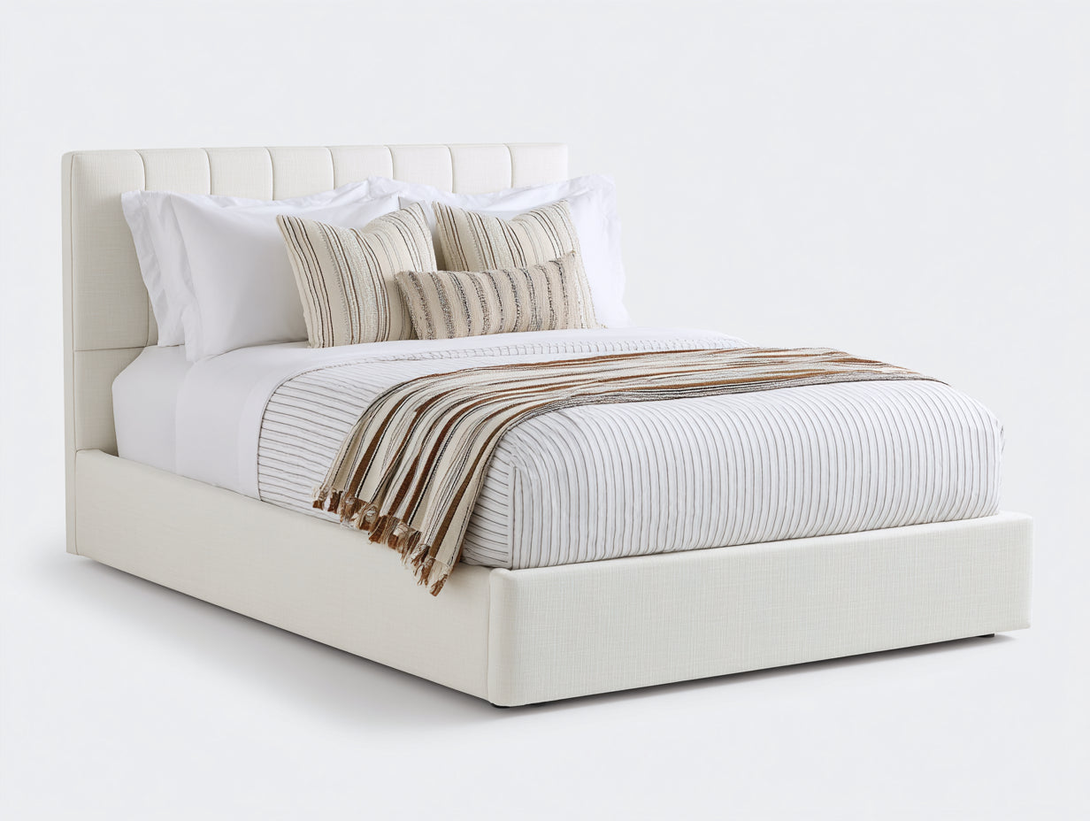 Lit double-Tissu-Bois-Mousse-216 x 176 x 116 cm-Blanc cassé-Style moderne