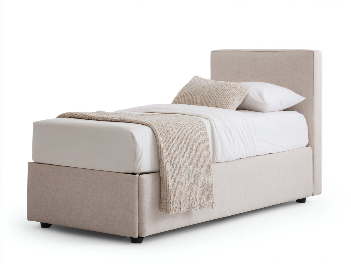 Lit simple-Tissu-Bois-205x99x110 cm-Beige-Noir-Style contemporain