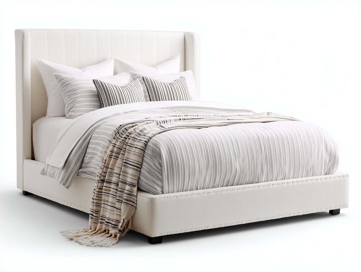 Lit double-Tissu-Bois-Mousse-219 x 179 x 130 cm-Blanc cassé-Style contemporain