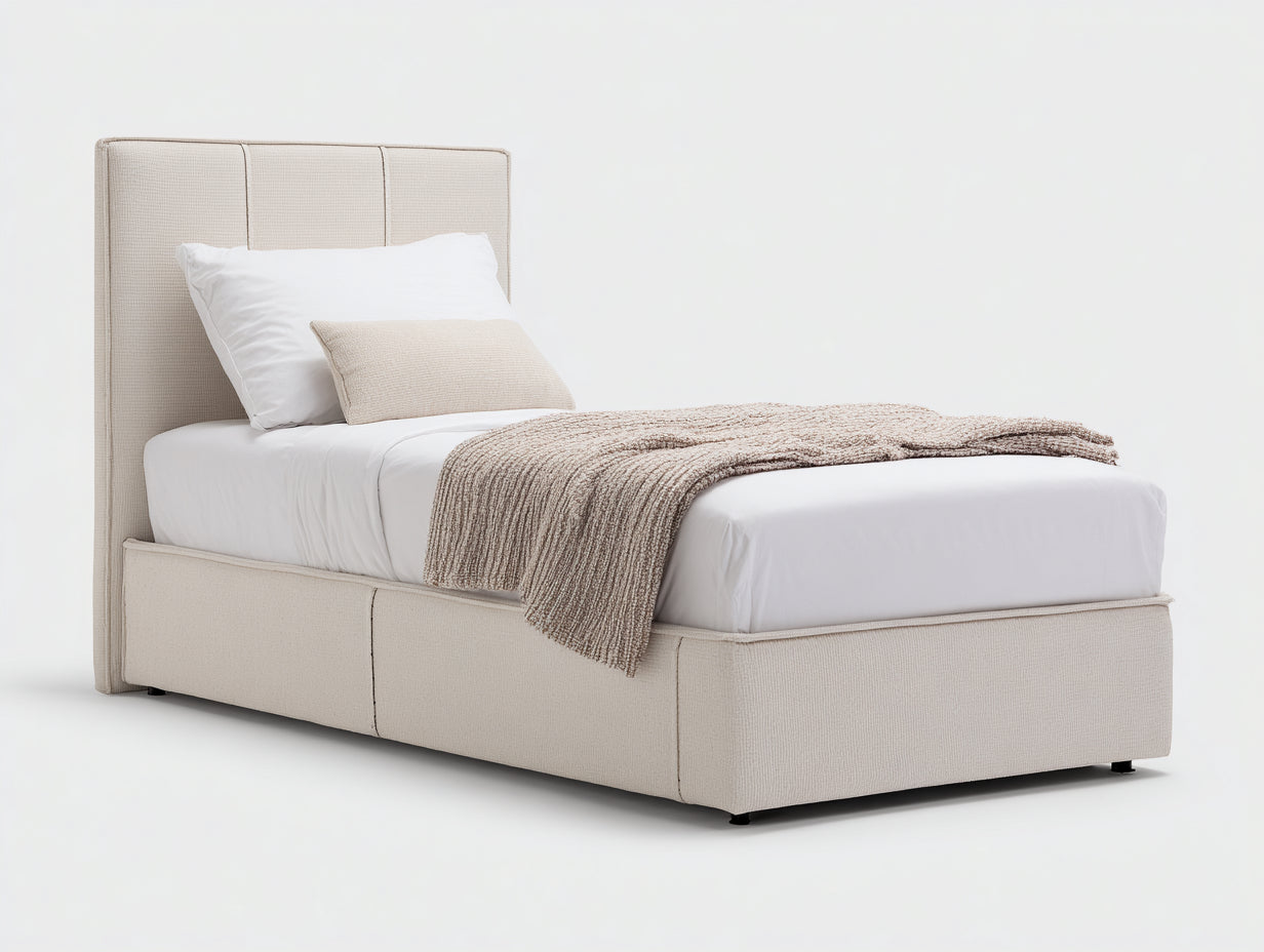 Lit simple-Tissu-Bois-206x100x118 cm-Beige-Marron-Style contemporain